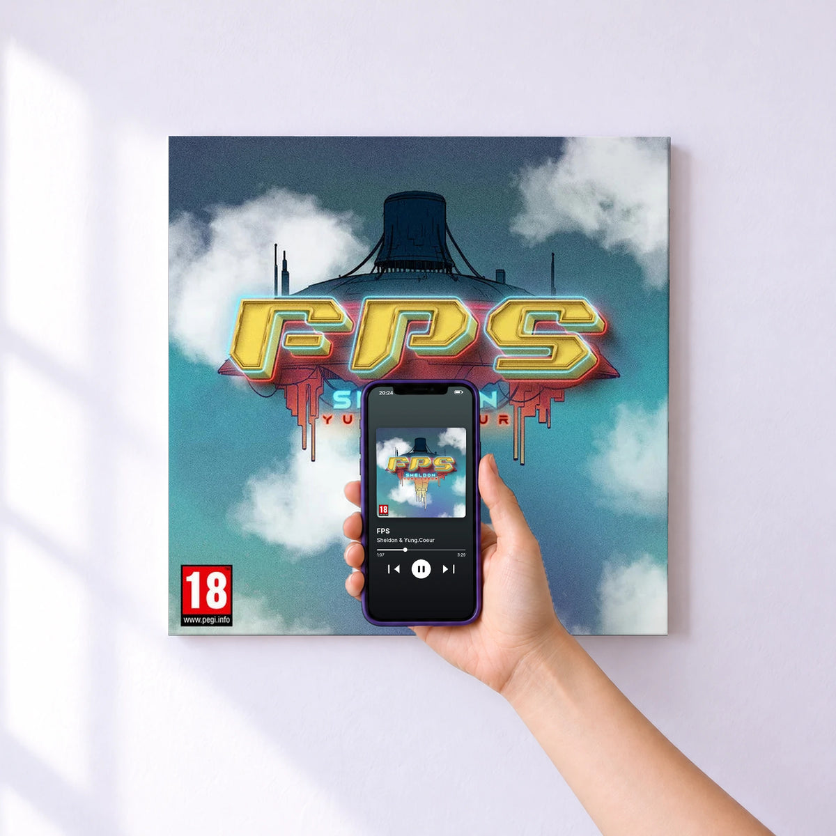Affiche connectée FPS de Sheldon & Yung.Coeur au mur : l'album se lance en approchant le téléphone