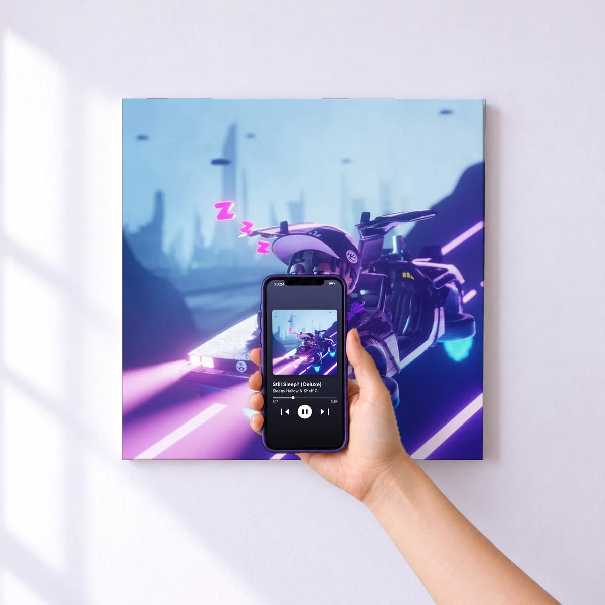 Affiche connectée Still Sleep? (Deluxe) de Sleepy Hallow & Sheff G au mur : l'album se lance en approchant le téléphone