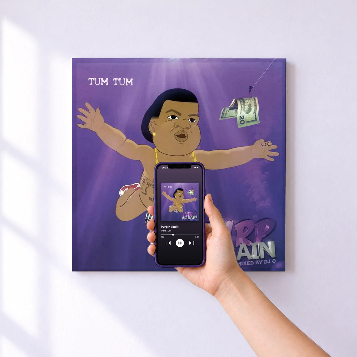 Affiche connectée Purp Kobain de Tum Tum au mur : l'album se lance en approchant le téléphone