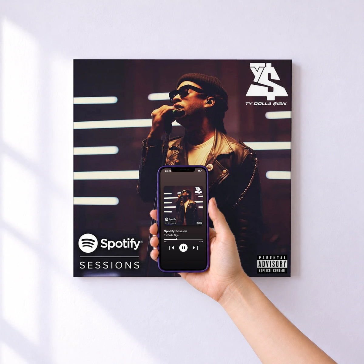 Affiche connectée Spotify Session de Ty Dolla $ign au mur : l'album se lance en approchant le téléphone