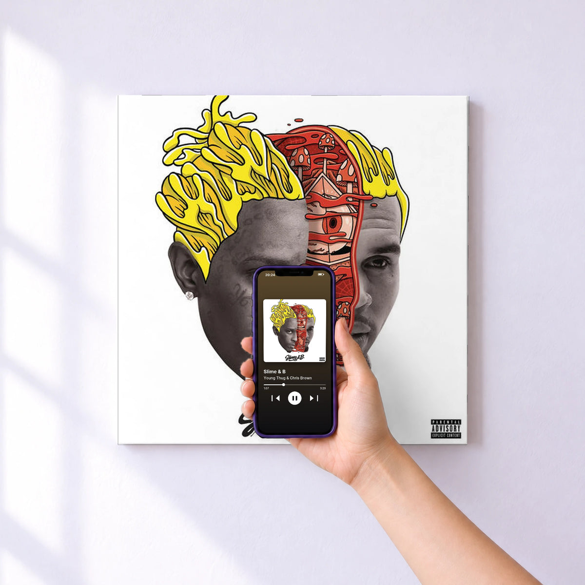 Affiche connectée Slime & B de Young Thug & Chris Brown au mur : l'album se lance en approchant le téléphone