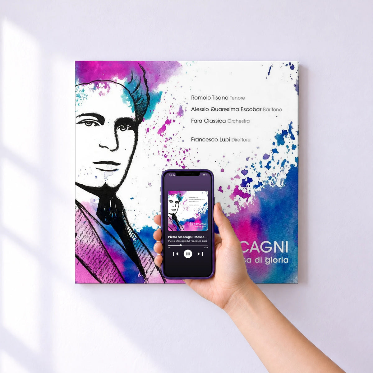 Affiche connectée Pietro Mascagni: Messa di Gloria de Pietro Mascagni & Francesco Lupi au mur : l'album se lance en approchant le téléphone
