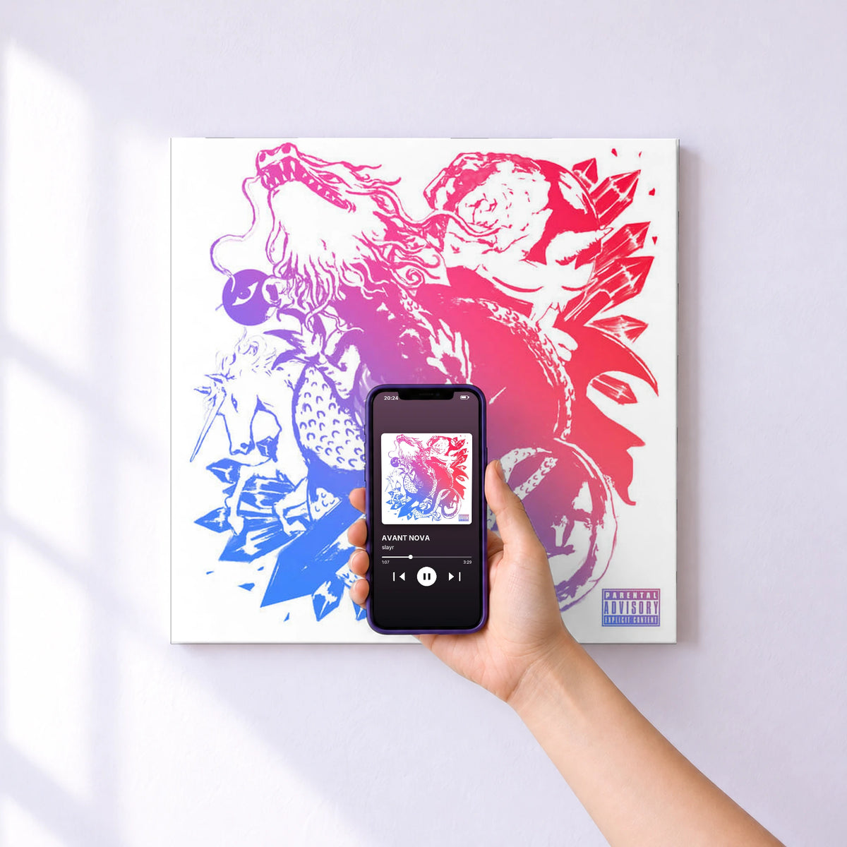 Affiche connectée AVANT NOVA de slayr au mur : l'album se lance en approchant le téléphone